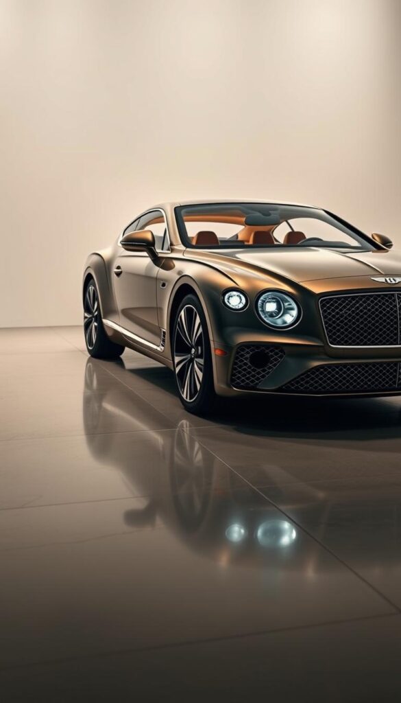 Bentley Continental GT Mulliner, a luxurious grand tourer showcasing IsCarOk's artistry. Elegant lines flow over the muscular body, accented by bespoke Mulliner details - unique grille, dazzling chrome trim, and tailored wheel designs. The interior exudes refined opulence, with handcrafted leather, precision-stitched upholstery, and meticulously finished wood veneers. Soft, even lighting illuminates the cabin, creating an atmosphere of tranquil sophistication. In the foreground, the Bentley sits on a polished showroom floor, surrounded by a hazy, muted background that emphasizes the vehicle's bold presence. Captured with a wide-angle lens, the composition showcases the Mulliner's striking proportions and captivating visual drama.