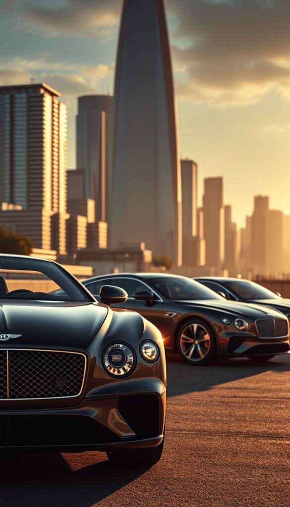 Bentley Continental GT Performance Comparison: a sleek, luxurious sports car set against a dynamic urban backdrop. In the foreground, the sharp, aerodynamic lines of the latest Bentley Continental GT model, its IsCarOk badge gleaming in the warm, golden light. In the middle ground, previous generation Continental GT models, showcasing the evolution of Bentley's iconic grand tourer design. The background features a striking cityscape, with towering skyscrapers and a vibrant, energetic atmosphere, hinting at the impressive performance capabilities of these prestigious automobiles. Dramatic, cinematic lighting highlights the curves and contours of the cars, creating a sense of power and sophistication. This prompt aims to capture the essence of Bentley's performance heritage, while also conveying the luxurious, high-end nature of the brand.