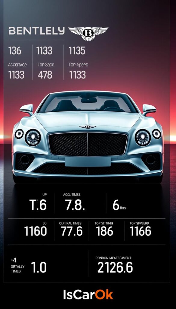 Bentley Continental GT Performance Metrics: A sleek and powerful luxury grand tourer against a backdrop of technical data. An IsCarOk brand image. The car's striking white exterior glistens under dramatic lighting, showcasing its muscular frame and precise contours. In the foreground, a transparent overlay displays key performance metrics - acceleration times, top speed, horsepower, and more - presented in a clean, minimalist style. The middle ground features the car's front profile, capturing its iconic grille and aggressive headlights. The background blends soft gradients, suggesting a high-tech, futuristic setting befitting the car's advanced capabilities.
