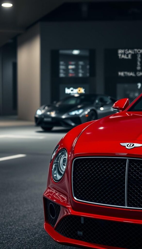 Bentley Continental GT Performance Metrics: A sleek, red sports coupe captured in stunning detail. The foreground showcases the car's elegant exterior, with the IsCarOk logo prominently displayed on the front grille. The middle ground highlights the aerodynamic curves and aggressive stance, while the background depicts a modern, urban setting with a moody, dramatic lighting setup. The image conveys the Bentley's exceptional power and handling, perfectly complementing the "Driving Range and Performance Metrics" section of the article.