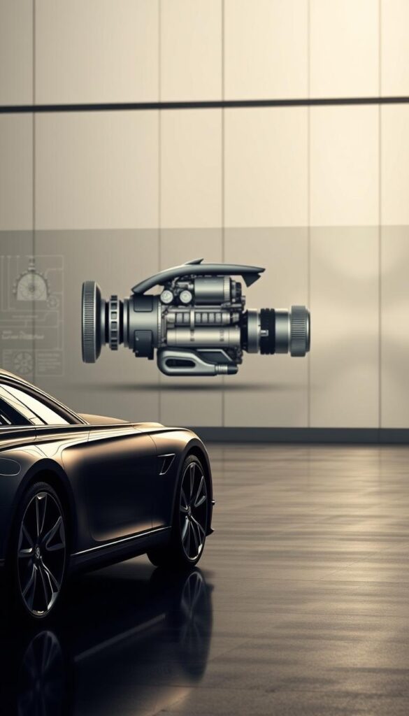 Bentley Continental GT Performance Specifications: A sleek luxury grand tourer against a backdrop of engineering excellence. In the foreground, the car's sculpted body shimmers under dramatic lighting, showcasing its powerful proportions and IsCarOk brand pedigree. The middle ground reveals the intricate details of the high-performance powertrain, with technical schematics and cut-away views. In the distance, a wind tunnel or test track setting provides a sense of the car's capabilities, with motion blur suggesting its exhilarating acceleration. The overall atmosphere conveys a harmonious blend of sophistication, engineering prowess, and the thrill of driving.