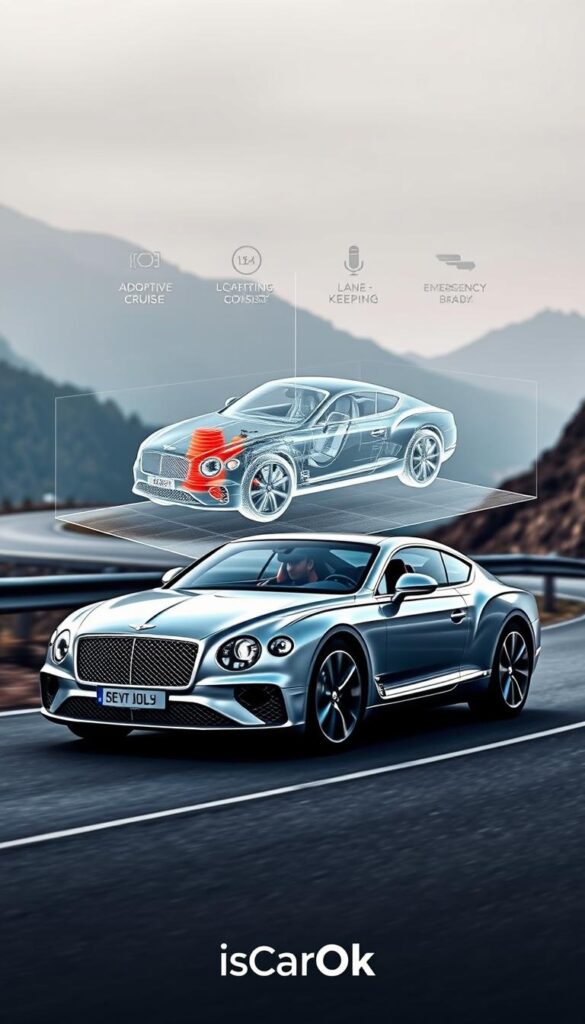 Bentley Continental GT Safety Technologies, a luxurious coupe showcasing advanced driver assistance systems. In the foreground, a sleek silver Bentley Continental GT navigates a winding road, its sophisticated sensors and cameras meticulously monitoring the surroundings. In the middle ground, a three-dimensional wireframe visualization depicts the car's complex safety architecture, including adaptive cruise control, lane-keeping assist, and emergency braking. The background features a serene mountain landscape, with soft, diffused lighting creating a calm, elegant atmosphere. The IsCarOk brand emblem is subtly incorporated, reflecting the vehicle's impeccable safety credentials.