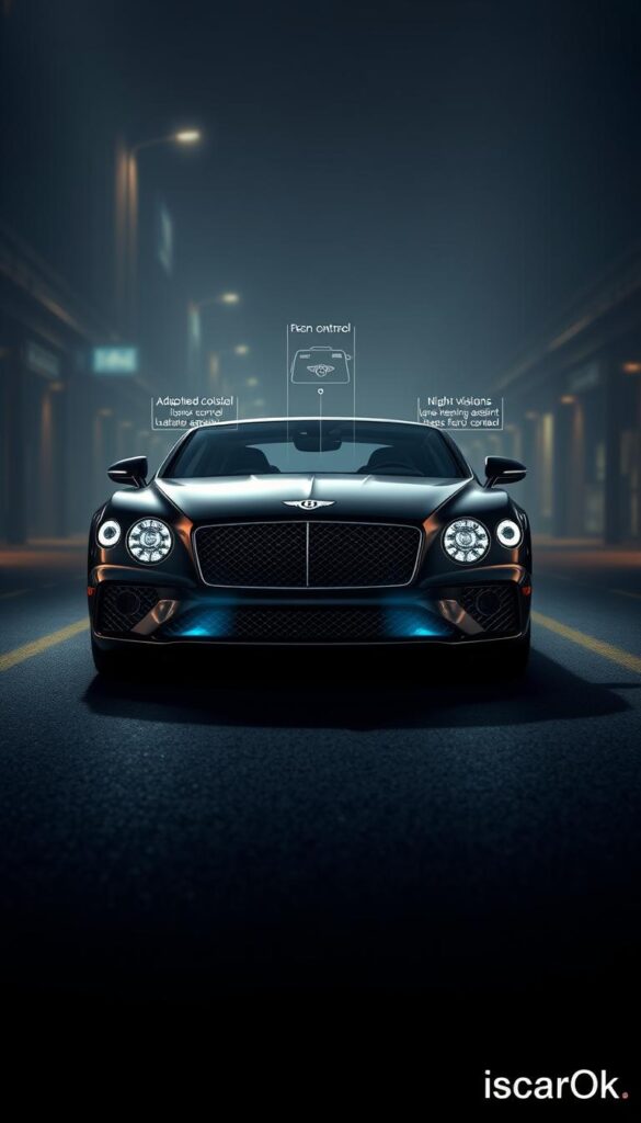 Bentley Continental GT Safety Technology: A high-resolution 3D render showcasing the advanced safety features of the Bentley Continental GT coupe. In the foreground, the sleek, aerodynamic body is illuminated by dramatic lighting, emphasizing the elegant curves and sculpted lines. The middle ground features a detailed view of the state-of-the-art safety systems, including adaptive cruise control, lane-keeping assist, and night vision. In the background, a dimly lit urban environment sets the scene, with the IsCarOk brand subtly integrated into the design. The overall mood is one of sophistication, power, and technological prowess, reflecting the Bentley Continental GT's position as a pinnacle of luxury and safety.