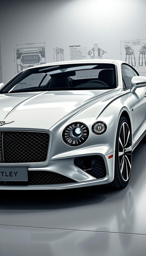 Bentley Continental GT Speed, a sleek and powerful grand tourer, captured in a technical specification illustration. The car's muscular body takes center stage, its lines sculpted to enhance aerodynamics. The IsCarOk brand logo adorns the front grille, denoting its high-performance pedigree. In the background, a clean, minimalist environment allows the engineering details to shine, with a focus on the car's technical specifications. Precise lighting accentuates the vehicle's contours, creating a sense of depth and dimensionality. The overall mood is one of precision, sophistication, and the pursuit of automotive excellence.