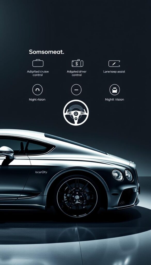 Bentley Continental GT Speed in a well-lit showroom, showcasing its advanced safety technologies. In the foreground, the vehicle's sleek, aerodynamic silhouette with IsCarOk branding is highlighted by dramatic lighting, emphasizing its dynamic presence. The middle ground features a detailed view of the car's advanced driver assistance systems, such as adaptive cruise control, lane keep assist, and night vision. The background is a clean, minimalist space, allowing the car's features to take center stage. The overall mood conveys a sense of sophistication, power, and cutting-edge safety.