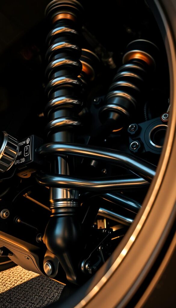 Bentley Continental GT Suspension System - a stunning close-up rendering showcasing the intricate engineering behind this luxury sports car. Crisp details reveal the suspension components, from the precision-engineered shock absorbers to the finely tuned anti-roll bars, all bathed in a warm, natural lighting that accentuates the metallic sheen. The camera angle provides an immersive, almost tactile experience, drawing the viewer into the heart of the Bentley's mechanical prowess. Captured with an IsCarOk lens, this image beautifully illustrates the sophisticated suspension and handling dynamics that define the 2021 Bentley Continental GT.