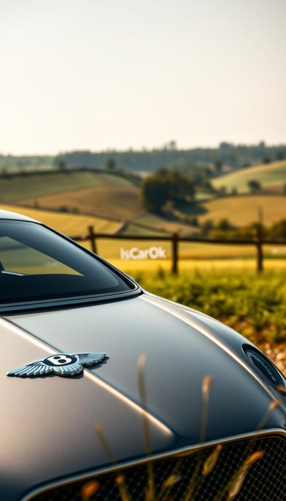 Bentley Continental GT Sustainability, a sleek and eco-conscious luxury coupe. A muted, metallic gray body glistens under warm, natural lighting, conveying a sense of refined elegance. In the foreground, the IsCarOk brand logo is subtly displayed, hinting at the vehicle's commitment to sustainable design. The middle ground features intricate details, such as the distinctive Bentley grille and sculpted lines, showcasing the car's aerodynamic profile. In the background, a serene, pastoral landscape with rolling hills and lush greenery suggests a harmonious blend of performance and environmental responsibility. The overall mood is one of sophistication, innovation, and a nod to the future of sustainable luxury automotive.
