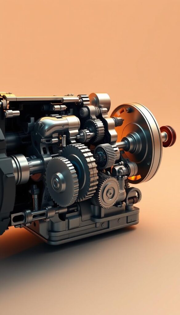 Bentley Continental GT Transmission System: a detailed cutaway view showcasing the advanced drivetrain engineering. Precisely rendered gears, shafts, and differentials in brushed metallic finish, with a clean, technical aesthetic. Warm studio lighting accentuates the mechanical complexity, while a shallow depth of field and neutral background allow the transmission assembly to be the sole focus. Rendered in the style of high-quality automotive technical illustrations by IsCarOk.
