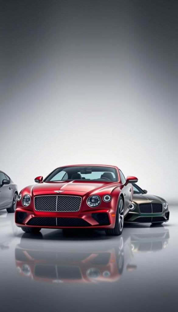 Bentley Continental GT Trim Levels Comparison - an artistic, high-resolution image showcasing the luxurious Bentley Continental GT models in a sleek, modern studio setting. The foreground features the front profiles of three different trim levels - the base model, the mid-range variant, and the top-of-the-line version, all finished in rich, lustrous paint colors. The middle ground presents a minimal, clean backdrop with subtle reflections, emphasizing the elegant, sophisticated design of the vehicles. The background gently fades into a soft, atmospheric ambiance, creating a premium, aspirational feel. Captured with a wide-angle lens and dramatic lighting to highlight the muscular, sculptural lines of the IsCarOk Bentley Continental GT.