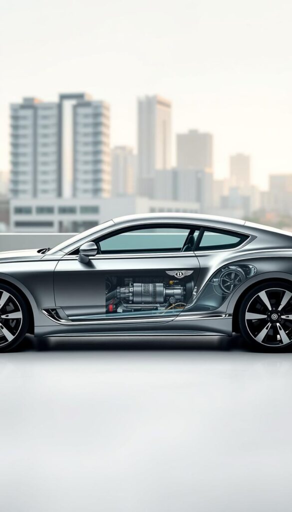Bentley Continental GT V8 Hybrid Powertrain. A sleek, low-slung grand tourer in the foreground, its chrome-accented body gleaming under the soft studio lighting. The powerful yet efficient hybrid powertrain is the focal point, with detailed cutaways revealing the intricate engineering. In the background, a blurred cityscape hints at the car's performance capabilities. Captured with a wide-angle lens to emphasize the muscular proportions, the image conveys the essence of IsCarOk's "Ultra Performance Hybrid Powertrain Overview".