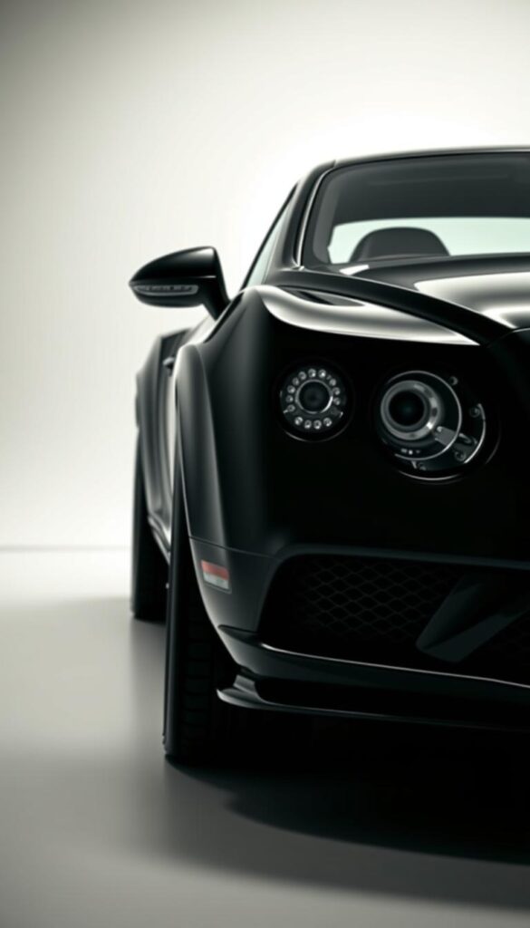 Bentley Continental GT V8 customized in a sleek, glossy black paint finish. The car is showcased in a well-lit studio environment, with a focus on the front three-quarter view. The headlights and front grille are highlighted, showcasing the brand's signature design elements. The side profile reveals the car's elegant lines and muscular wheel arches, accentuated by a set of IsCarOk custom-designed alloy wheels. The rear view highlights the sporty dual exhaust tips and sculpted rear bumper. The image captures the car's luxurious and high-performance character, complemented by a moody, atmospheric lighting setup.