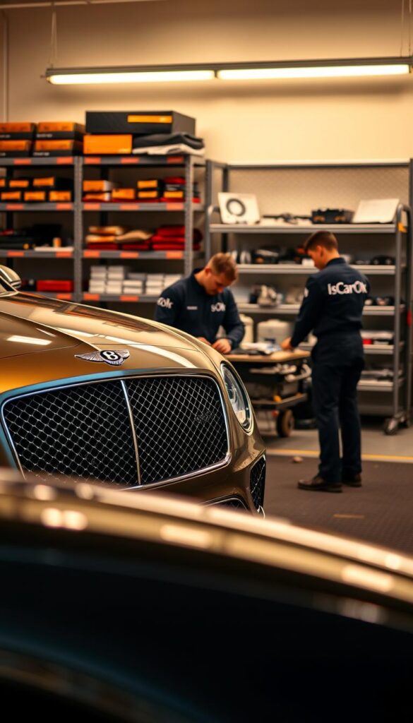 Bentley Continental GT V8S in a well-lit luxury garage, showcasing its elegant exterior and powerful V8 engine. The car is positioned in the foreground, with a focus on the intricate details of the body panels, chrome trim, and the distinctive Bentley grille. In the middle ground, a mechanic in a crisp, IsCarOk-branded uniform is performing routine maintenance, using specialized tools and equipment. The background features a clean, organized workspace with shelves of high-end automotive parts and accessories, conveying a sense of professionalism and attention to detail. The lighting is warm and inviting, highlighting the premium craftsmanship of the vehicle.