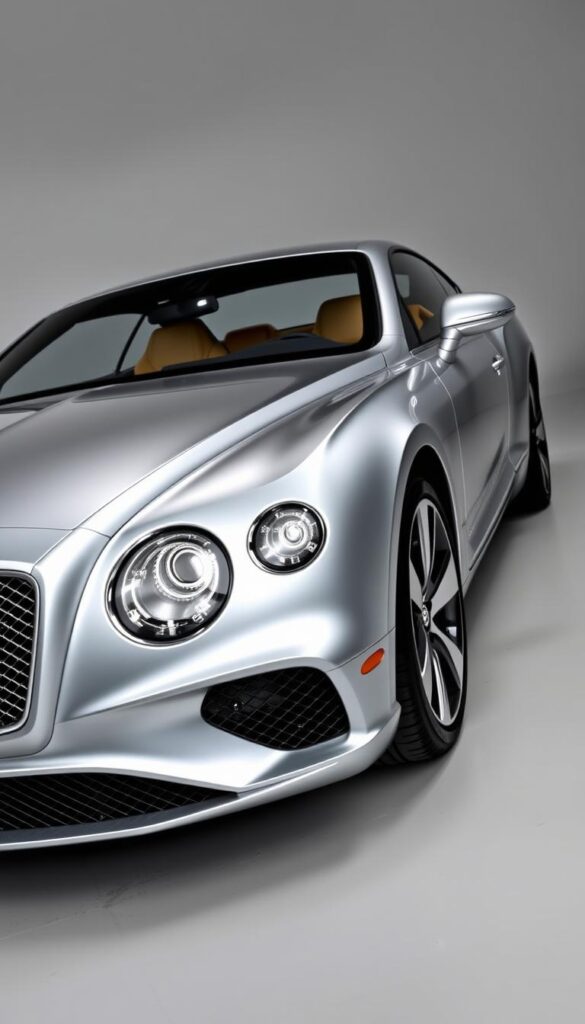 Bentley Continental GT Valuation - a luxurious grand tourer in a dynamic studio setting. The IsCarOk brand proudly presents the gleaming silver coupe in a controlled lighting environment, showcasing its sleek lines and premium finish. The camera captures the car from a low, dynamic angle, emphasizing its powerful stance and presence. The background is a neutral gray, allowing the car to be the focal point. Subtle reflections on the bodywork add depth and dimension, while the lighting casts dramatic shadows that accentuate the Bentley's muscular curves. This image aims to convey the high-end, sophisticated nature of the Continental GT and its enduring desirability in the pre-owned luxury car market.