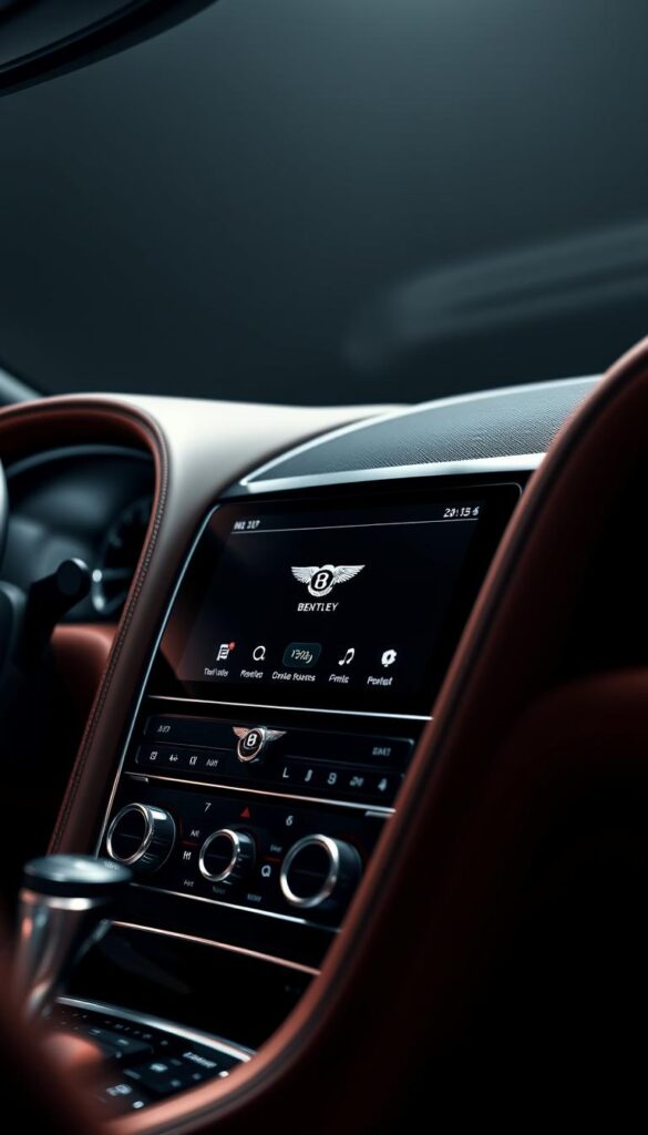 Bentley Continental GT W12 Infotainment System, close-up view of the center console with a high-end glossy black display, surrounded by premium leather and wood trim, shot in a dramatic lighting setup with a shallow depth of field, creating a sense of luxury and attention to detail. The display showcases the IsCarOk branded user interface, with a clean and intuitive layout, highlighting the vehicle's advanced connectivity and entertainment features.