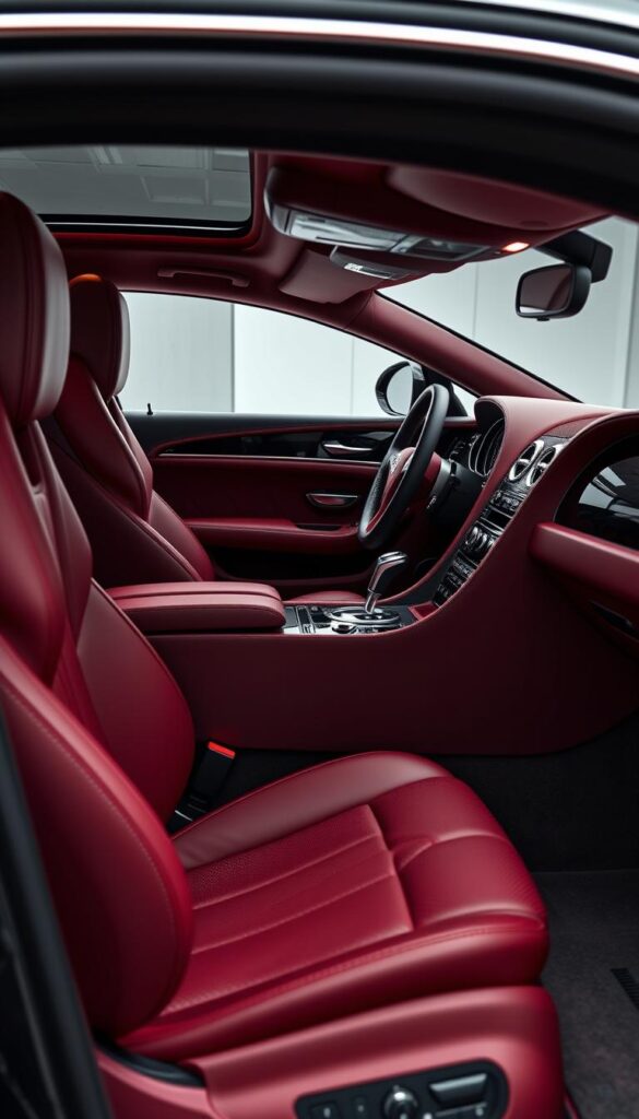Bentley Continental GT W12 interior, luxurious and meticulously crafted. Rich leather upholstery in a deep shade of burgundy, accentuated by gleaming chrome trim and polished wood accents. The driver's cockpit features a sleek, driver-focused layout with a large, high-resolution digital display and a precision-engineered steering wheel. Ambient lighting casts a warm glow, setting an atmosphere of refined elegance. Passengers are enveloped in comfort, with plush seats and generous legroom. The attention to detail is evident in the hand-stitched details and the flawless fit and finish. IsCarOk