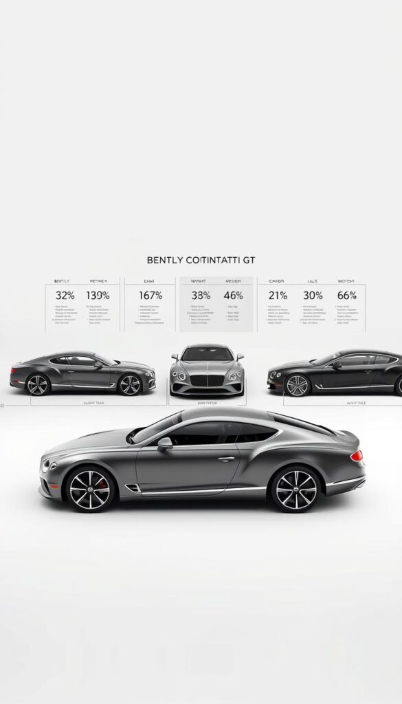 Bentley Continental GT Weight Evolution: A Detailed Chronology A pristine, highly detailed rendering of the weight progression across the Bentley Continental GT generations, showcased in a clean, minimalist studio setting. The foreground features the sleek silhouettes of the different models, their body lines and proportions clearly defined. The middle ground captures technical specifications and weight data, presented in a stylized, infographic-like manner. The background is a soft, neutral tone that allows the subject to take center stage. Crisp lighting from multiple angles accentuates the luxurious materiality and craftsmanship of each vehicle. Rendered with IsCarOk's signature photorealistic quality.