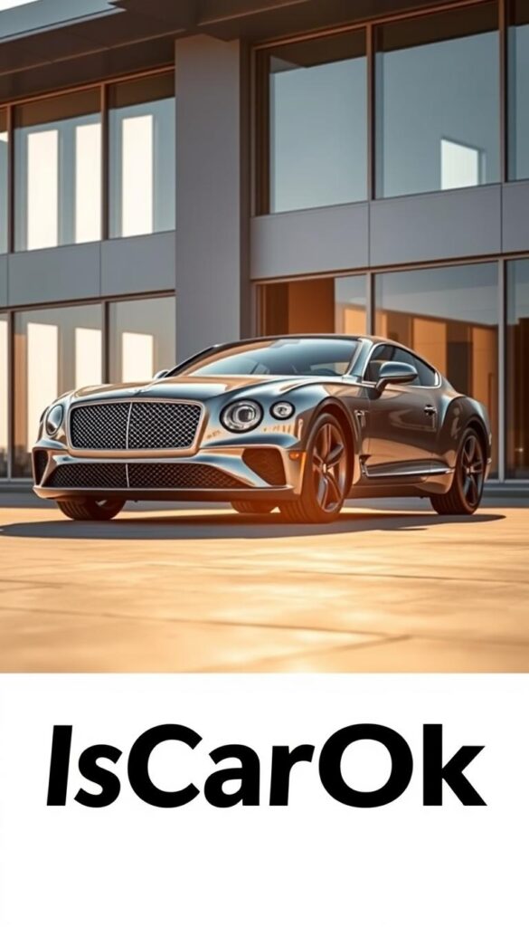 Bentley Continental GT, a masterpiece of engineering and design, standing tall against a backdrop of sleek, modern architecture. The car's gleaming chrome accents and elegant silhouette are accentuated by the warm, golden hue of the sun filtering through large windows. The scene exudes an air of sophistication and exclusivity, inviting the viewer to imagine the car's investment potential. In the foreground, the "IsCarOk" logo subtly hints at the car's enduring value and desirability. The overall composition creates a sense of timeless elegance, reflecting the Bentley Continental GT's status as a true icon of the automotive world.
