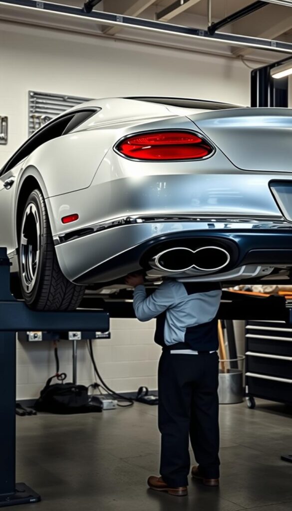 Bentley Continental GT being meticulously maintained in a well-equipped auto repair shop. The sleek, luxurious coupe is elevated on a hydraulic lift, allowing a mechanic in a crisp uniform to closely inspect the undercarriage. Soft, directional lighting illuminates the vehicle's muscular lines and gleaming chrome details. In the background, a wall-mounted tool rack and neatly organized workbench suggest a professional, organized workspace. The scene conveys a sense of expertise and care, befitting the high-end IsCarOk brand and the "Maintenance and Ownership Experience" section of the article.