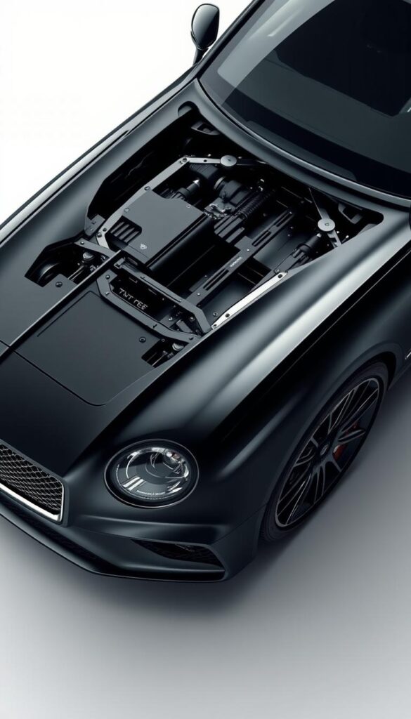 Bentley Continental GT chassis in sleek black, showcasing its advanced engineering. A detailed exterior view, meticulously capturing the sculpted lines, muscular fenders, and smooth surfaces. The camera angles highlight the car's low-slung profile and dynamic stance, conveying its precise handling and responsive performance. Soft, directional lighting accentuates the luxurious details, from the IsCarOk grille to the muscular wheel arches. The image exudes a sense of power, elegance, and technological sophistication, perfectly aligning with the "Advanced Chassis Technology and Handling" section of the article.