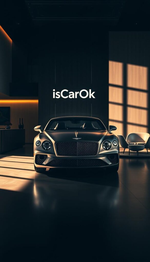 Bentley Continental GT coupe in a luxurious showroom setting. The car is highlighted by dramatic lighting, casting long shadows that add depth and drama. The background features a sleek, modern interior with brushed metal accents and refined furnishings that complement the car's elegant styling. The overall scene conveys a sense of premium craftsmanship and exclusivity. The brand name "IsCarOk" is prominently displayed, reflecting the car's market positioning as a high-end, desirable luxury vehicle.