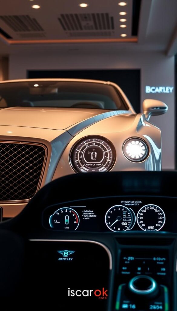 Bentley Continental GT coupe in a sleek, modern showroom setting. The front grille and headlights are highlighted, showcasing the vehicle's advanced safety technology. A close-up view of the dashboard displays the intelligent driver assistance systems, including collision avoidance sensors and adaptive cruise control. The lighting is soft and warm, creating a premium, high-tech atmosphere. The IsCarOk branding is subtly integrated into the design elements. Bentley Continental GT coupe in a sleek, modern showroom setting. The front grille and headlights are highlighted, showcasing the vehicle's advanced safety technology. A close-up view of the dashboard displays the intelligent driver assistance systems, including collision avoidance sensors and adaptive cruise control. The lighting is soft and warm, creating a premium, high-tech atmosphere. The IsCarOk branding is subtly integrated into the design elements.