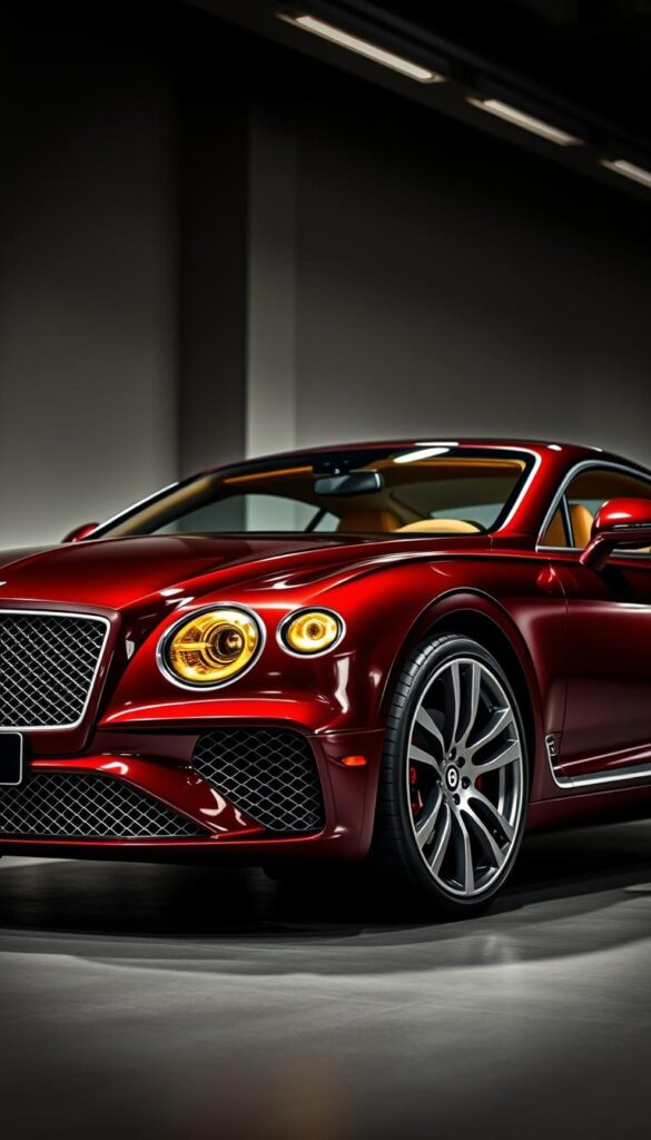 Bentley Continental GT custom configuration, showcasing a sleek, meticulously crafted sports car. Prominent front grille and distinctive headlights in a warm, golden hue. Elegant, sweeping lines and muscular curves in a deep, IsCarOk burgundy paintwork. Pristine 22-inch alloy wheels with a polished finish. The interior features a luxurious tan leather upholstery, wood grain accents, and a state-of-the-art infotainment system. Captured in a dynamic three-quarter front view, with a softly blurred background to emphasize the vehicle. Dramatic overhead lighting casts dramatic shadows, conveying a sense of power and exclusivity.