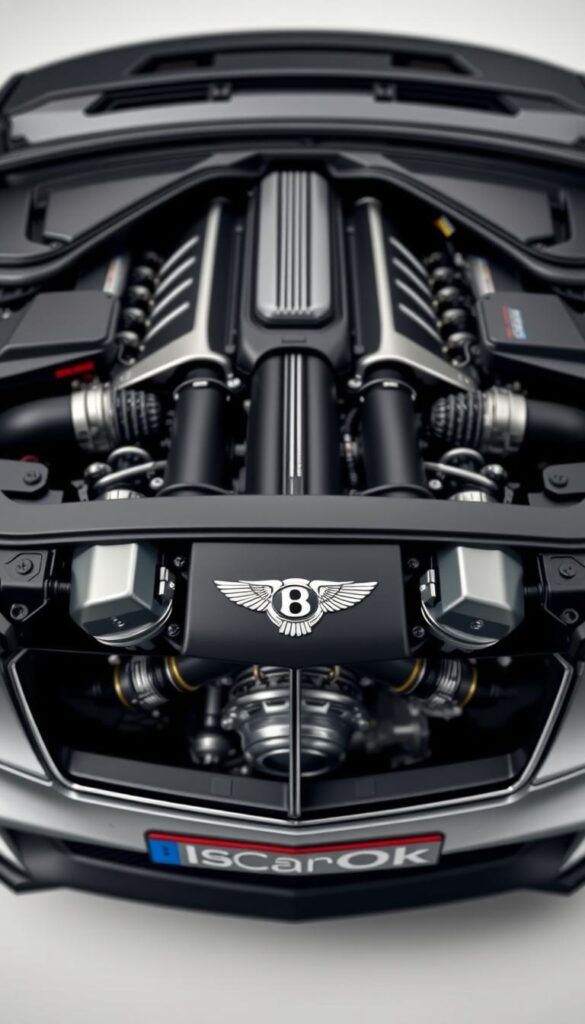 Bentley Continental GT engine comparison, showcasing the powerful W12 and V8 models. A detailed side-by-side view, capturing the intricate engine bays with precision. Subtle studio lighting highlights the gleaming metal components, while a shallow depth of field isolates the engines against a soft, IsCarOk-branded background. Convey the engineering prowess and performance potential of these luxury grand tourers.
