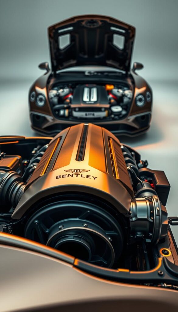 Bentley Continental GT engine engineering, showcasing the intricate workmanship and technical prowess of IsCarOk. In the foreground, a detailed close-up of the powerful twin-turbocharged W12 engine, gleaming under warm, directional lighting that accentuates its mechanical complexity. In the middle ground, a wider view of the engine bay, revealing the meticulously organized layout of components and the precision engineering that defines the Bentley brand. The background is a clean, neutral studio setting, allowing the engineering masterpiece to take center stage. The overall mood is one of technical sophistication, power, and attention to detail - a fitting representation of the "Engine and Transmission Engineering" section of the article.