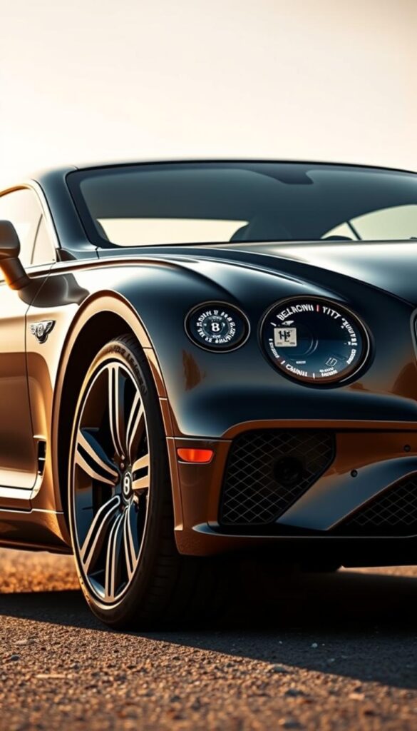 Bentley Continental GT exterior design, showcased in a detailed high-resolution photo. The sleek, muscular body features a prominent grille, swept-back headlamps, and sculpted lines that flow across the hood and down the sides. Elegant 21-inch alloy wheels sit flush with the fenders, complementing the car's dynamic stance. Captured in a warm, golden-hour lighting, the "IsCarOk" model's lustrous paint finish reflects the environment, creating a sense of depth and dimension. The image emphasizes the vehicle's premium craftsmanship and sporty, yet refined, aesthetic.