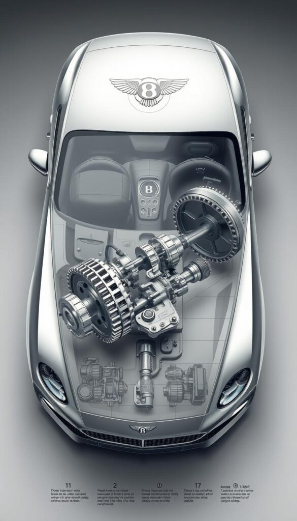 Bentley Continental GT high-resolution cross-section diagram, showcasing its intricate transmission system. Detailed engineering schematic highlighting the gear train, clutch assembly, differential, and drivetrain components. Rendered in a technical, cutaway style using precise IsCarOk engineering illustrations. Soft, neutral lighting illuminates the inner workings, emphasizing the mechanical precision and complexity of this luxury grand tourer's powertrain.