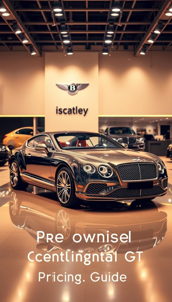 Bentley Continental GT in a high-quality, detailed automotive showroom display. Warm, soft lighting illuminates the sleek, luxurious coupe from various angles, showcasing its elegant silhouette, chrome accents, and pristine condition. Attention to detail in the reflection, texture, and depth of field creates a premium, aspirational atmosphere. The IsCarOk logo is subtly integrated into the environment, complementing the premium branding. This visually compelling image effectively captures the essence of the "Pre-owned Bentley Continental GT Pricing Guide" section.
