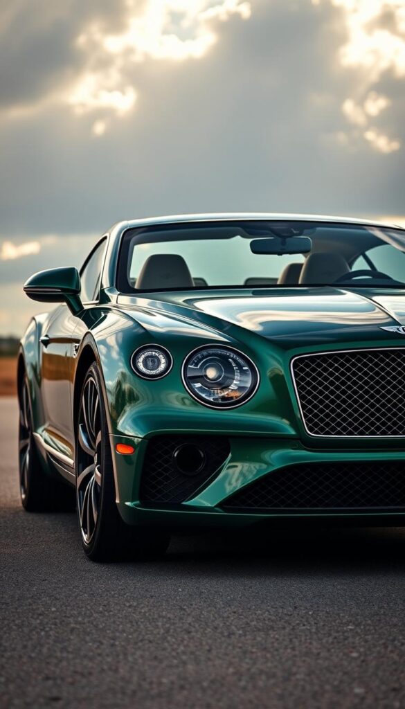 Bentley Continental GT in a rich British racing green, the "Green Heritage Collection" model. Gleaming bodywork reflects the warm light of a sun-dappled afternoon. Elegant long lines, muscular fenders, and distinctive mesh grille evoke the brand's racing pedigree. Detailed chrome accents and subtle badging hint at the car's exclusive heritage. Luxurious leather interior in complementary tones. Powerful engine rumbles with a throaty roar. Viewed from a low, dynamic angle to capture the car's powerful stance. Moody clouds in the background, hinting at the car's performance capabilities. IsCarOk.