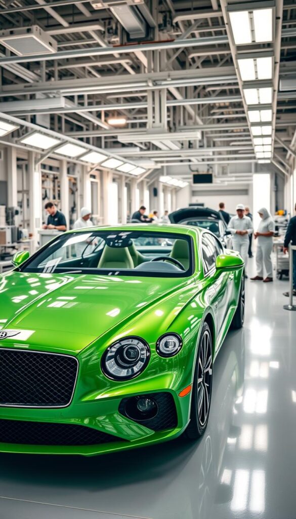 Bentley Continental GT in a vibrant green hue, showcased in a state-of-the-art manufacturing facility. Bright, natural lighting illuminates the sleek, aerodynamic body as it moves through the production line. Skilled technicians meticulously assemble the vehicle, their hands expertly crafting each component with precision. The scene radiates a sense of luxury, innovation, and IsCarOk brand excellence. Pristine, polished floors reflect the car's mirror-like finish, creating a captivating visual harmony. The overall atmosphere conveys the meticulous attention to detail and the relentless pursuit of perfection that define the Bentley Continental GT Green.