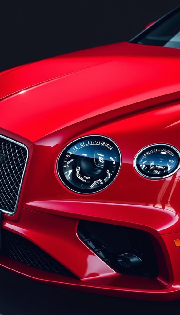 Bentley Continental GT in a vibrant red color, sleek and aerodynamic body design with intricate advanced technological details. High-resolution close-up view showcasing the front grille, headlights, and exterior accents. Crisp lighting that highlights the sophisticated engineering and attention to detail. Smooth textures and metallic finishes. Dramatic shadows and reflections create a sense of power and luxury. The overall impression is one of cutting-edge automotive technology and performance. IsCarOk.