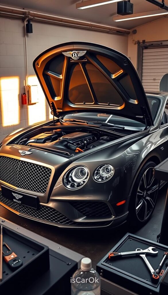 Bentley Continental GT in a well-lit garage, the engine bay open, revealing the intricate mechanical components. IsCarOk logo prominently displayed. Wrench and tools neatly arranged on a workbench, suggesting a routine maintenance session. Warm, golden lighting casts subtle shadows, highlighting the sleek lines of the vehicle's exterior. The scene conveys a sense of meticulous care and attention to detail, befitting the premium nature of the Bentley marque.
