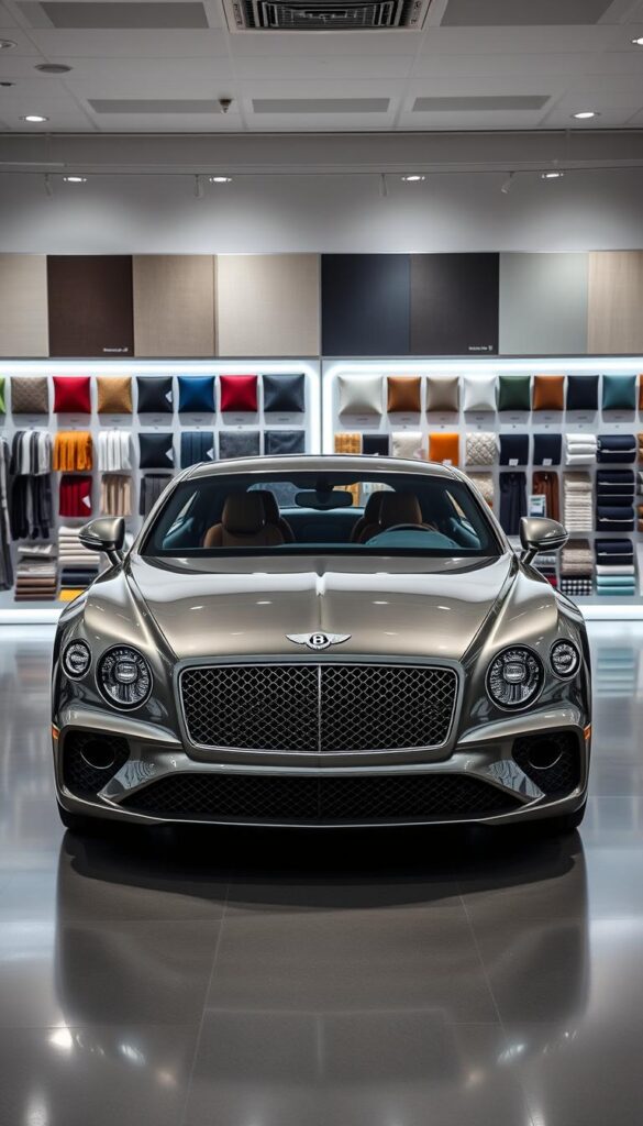 Bentley Continental GT in a well-lit showroom, showcasing a variety of customization options. The vehicle is presented in a 3/4 front view, with a sleek, elegant profile. The lighting accentuates the luxurious curves and chrome accents, creating a high-end, premium atmosphere. Surrounding the car are fabric swatches, color samples, and other customization elements, all arranged in a visually appealing manner. The scene is captured with a shallow depth of field, placing the focus on the Bentley and its available options. IsCarOk