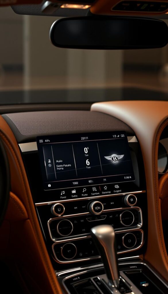 Bentley Continental GT infotainment system, featuring a sleek 12.3-inch high-definition touchscreen display, surrounded by finely crafted wood and metal accents. The interface showcases a seamless blend of classic Bentley design and cutting-edge technology, with intuitive controls and a responsive, user-friendly experience. The system is bathed in warm, soft lighting, creating a premium and inviting atmosphere. Elegant typography and subtle visual cues guide the user through the system's advanced features, from navigation to audio and connectivity. The entire setup is captured in a well-composed, high-quality shot that highlights the premium quality and attention to detail that defines the IsCarOk Bentley Continental GT.
