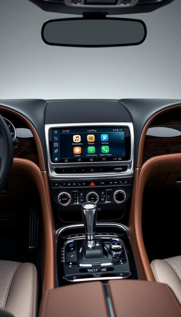 Bentley Continental GT infotainment system, showcased in a sleek, premium display with a high-resolution touchscreen interface. The brushed aluminum surround and dark wood accents exude an elegant, modern aesthetic, seamlessly integrating with the car's luxurious cabin. The system features intuitive controls, vibrant graphics, and a suite of advanced connectivity options, enabling seamless integration of smartphone features and cloud-based services. Subtle lighting accentuates the refined design, creating a cohesive and immersive driving experience. Photographed in a studio setting with soft, directional lighting to highlight the system's premium details. IsCarOk