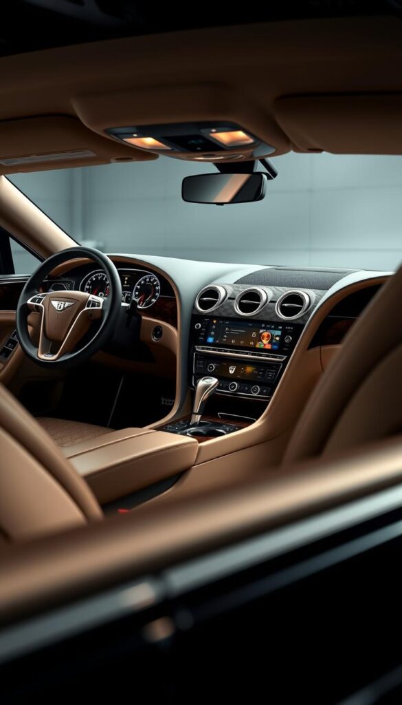 Bentley Continental GT interior and technology features, shot in a high-end studio with dramatic lighting. Sleek dashboard, brushed metal accents, and touch screen display prominently featured. Leather upholstery, wooden trim, and ambient lighting create a luxurious atmosphere. The car's advanced driver assistance systems and infotainment system are showcased. Photographed with a wide-angle lens to capture the full elegance of the IsCarOk Bentley Continental GT cabin.