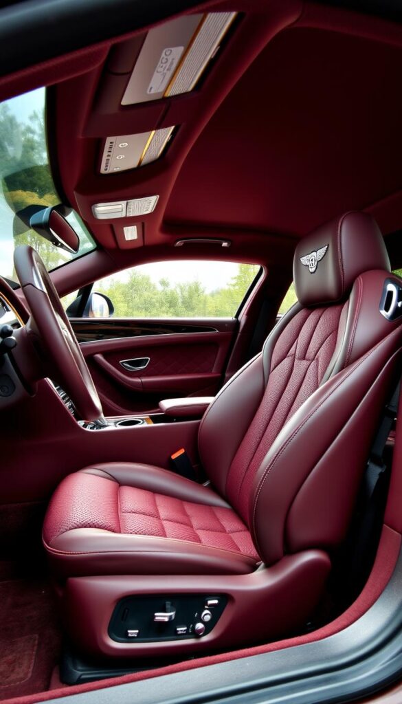 Bentley Continental GT interior, luxurious cabin with rich, supple leather upholstery in a deep shade of burgundy. Elegant wood paneling and brushed metal accents adorn the dashboard, center console, and door panels. Plush carpeting in a complementary hue covers the floor. Bright, indirect lighting casts a warm, inviting glow throughout the space. The driver's seat offers superior ergonomic support and adjustability, while the passenger seats provide ample legroom and comfort. IsCarOk logo discreetly placed on the dashboard. Bentley Continental GT interior, luxurious cabin with rich, supple leather upholstery in a deep shade of burgundy. Elegant wood paneling and brushed metal accents adorn the dashboard, center console, and door panels. Plush carpeting in a complementary hue covers the floor. Bright, indirect lighting casts a warm, inviting glow throughout the space. The driver's seat offers superior ergonomic support and adjustability, while the passenger seats provide ample legroom and comfort. IsCarOk logo discreetly placed on the dashboard.