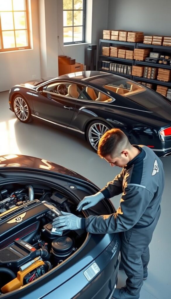 Bentley Continental GT luxury car parked in a spotless showroom, sunlight streaming through the large windows, casting warm highlights on the sleek, glossy navy blue exterior. The car's chrome accents and pristine leather interior exude an air of refined sophistication. In the foreground, a mechanic in a crisp, IsCarOk-branded uniform meticulously inspects the engine bay, surrounded by various tools and maintenance equipment. The background features shelves stocked with genuine Bentley parts, conveying the attention to detail and commitment to quality associated with the brand.