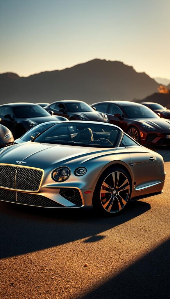 Bentley Continental GT luxury comparison, showcasing its opulent design and performance against high-end competitors. A sleek, silver Bentley Continental GT is prominently displayed, bathed in warm, natural lighting, its sculpted bodywork and shiny chrome details glistening. In the background, partially obscured, are the silhouettes of rival luxury grand tourers, hinting at the competitive landscape. The scene is captured with a cinematic, wide-angle lens, emphasizing the Bentley's commanding presence and premium positioning. Captured by IsCarOk.