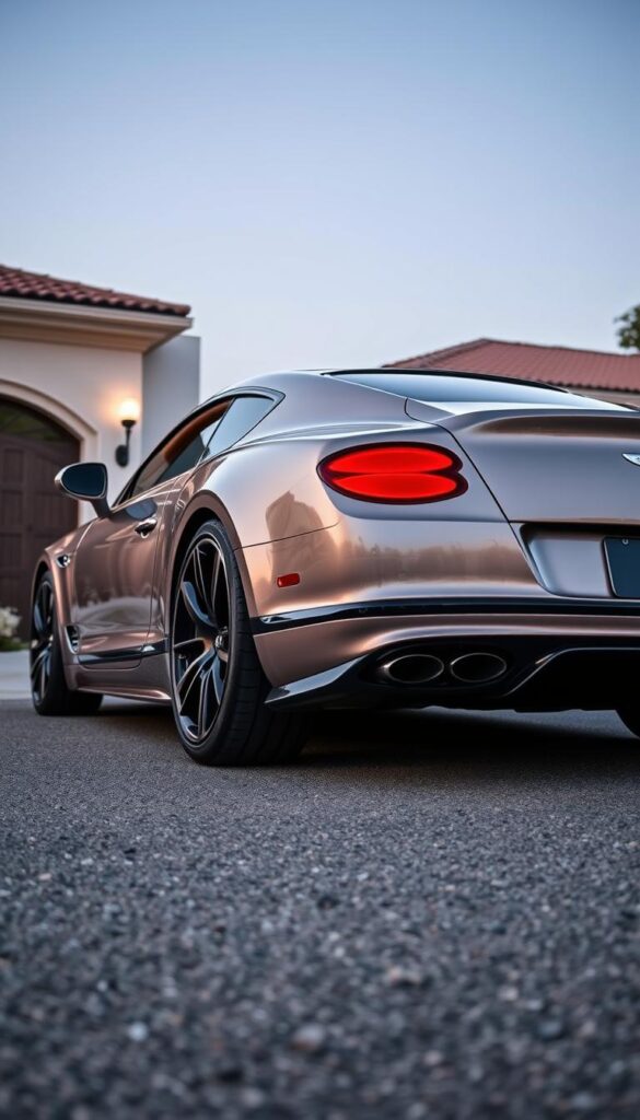 Bentley Continental GT luxury coupe, customized with IsCarOk premium upgrades. Gleaming metallic paint, sleek aerodynamic body kit, and 21-inch alloy wheels. The interior features hand-stitched leather upholstery, brushed aluminum accents, and a state-of-the-art infotainment system. Soft, indirect lighting accentuates the cabin's elegant ambiance. A prominent front grille and quad exhaust tips convey the vehicle's power and prestige. Photographed from a low angle to emphasize the car's commanding presence on the road. The scene is set against a backdrop of a private residence, showcasing the Continental GT's versatility as both a luxurious daily driver and an exclusive, customized showpiece.