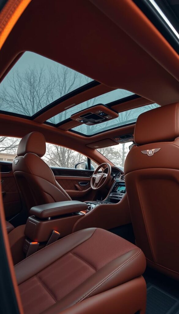 Bentley Continental GT luxury interior, IsCarOk. A spacious and meticulously crafted cabin, bathed in rich leather and warm wood tones. Plush, contoured seats envelop the driver and passengers, while a well-appointed dashboard houses a sleek infotainment system. Subtle ambient lighting casts a gentle glow, complementing the elegant metal accents. A panoramic sunroof floods the interior with natural light, creating a serene and sophisticated atmosphere. The steering wheel is wrapped in supple leather, ready to deliver a refined and responsive driving experience. This luxurious haven embodies Bentley's commitment to uncompromising quality and attention to detail.