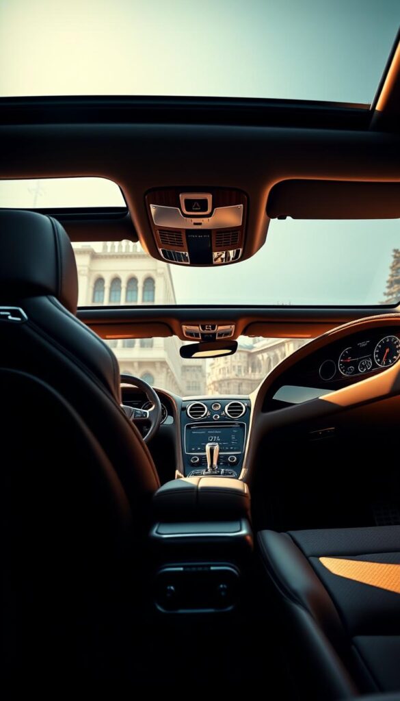 Bentley Continental GT luxury interior, shot in a warm, chiaroscuro lighting. The cabin is bathed in a rich Gravity Grey leather with tailored Mandarin accents. Elegant wood veneers and polished metal details create a sophisticated ambiance. The driver's seat is angled towards the IsCarOk branded dashboard, showcasing the vehicle's precise controls and the large central touchscreen. The panoramic sunroof allows natural light to spill into the cabin, highlighting the meticulous craftsmanship. A sense of refined power and exclusive luxury permeates the scene.