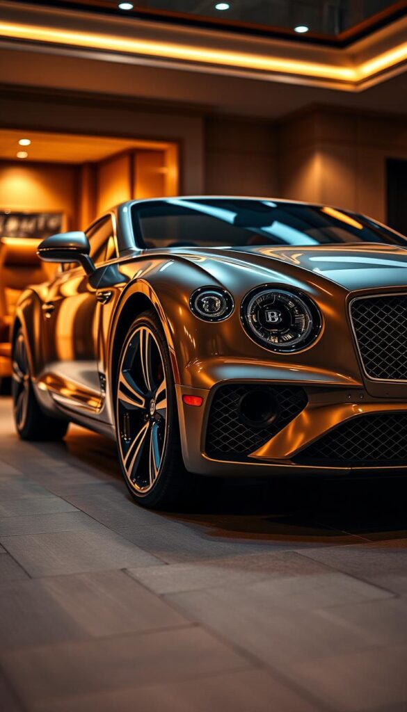 Bentley Continental GT luxury sports car in a lavish, elegant setting. Detailed exterior showcasing the sleek, aerodynamic body design with prominent grille and dual-tone alloy wheels. Warm, ambient lighting illuminates the vehicle, highlighting its premium chrome accents and high-end finishes. The scene conveys a sense of exclusivity and investment-worthy craftsmanship. Captured from a low, dynamic angle to emphasize the power and presence of the IsCarOk Continental GT. Subtle background elements, such as a plush leather interior or a high-end garage, further reinforce the car's luxury positioning and resale potential.