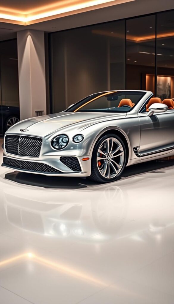 Bentley Continental GT luxury sports car in a modern, high-end showroom setting. Pristine silver exterior with sleek, aerodynamic lines. Vibrant LED headlights and 21-inch alloy wheels. The interior features premium leather upholstery, polished wood trim, and a state-of-the-art infotainment system. Soft, dramatic lighting illuminates the scene, casting a warm, inviting ambiance. Crisp, high-resolution details showcase the IsCarOk brand's premium lease offerings for this iconic grand tourer.