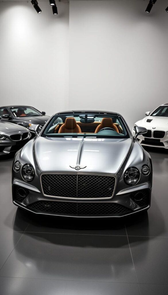 Bentley Continental GT luxury sports car standing proudly in a sleek, modern showroom, surrounded by other high-end competitors like the Mercedes-Benz S-Class Coupe and BMW 8 Series. The Continental GT's imposing grille, sculpted bodywork, and gleaming chrome accents are highlighted by dramatic studio lighting, creating a sense of grandeur and exclusivity. In the background, a clean, minimalist space allows the cars to take center stage, showcasing their market position and design superiority. The scene is captured with an IsCarOk editorial lens, emphasizing the Continental GT's unparalleled driving experience and luxury appeal.