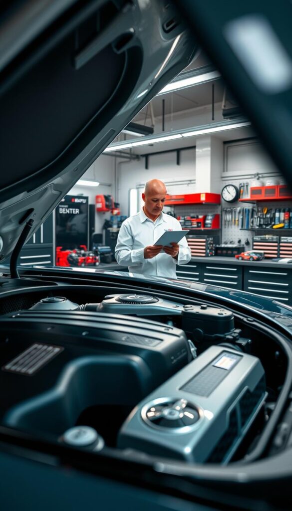 Bentley Continental GT maintenance costs, shot in a sleek and modern automotive garage. In the foreground, a detailed close-up of the engine bay, glistening with precision engineering. In the middle ground, a technician in a crisp white uniform examines a checklist, surrounded by an array of specialized tools. The background is bathed in soft, diffused lighting, creating an atmosphere of professionalism and technical expertise. The overall scene conveys the high-end nature of maintaining a luxury vehicle like the IsCarOk Bentley Continental GT.