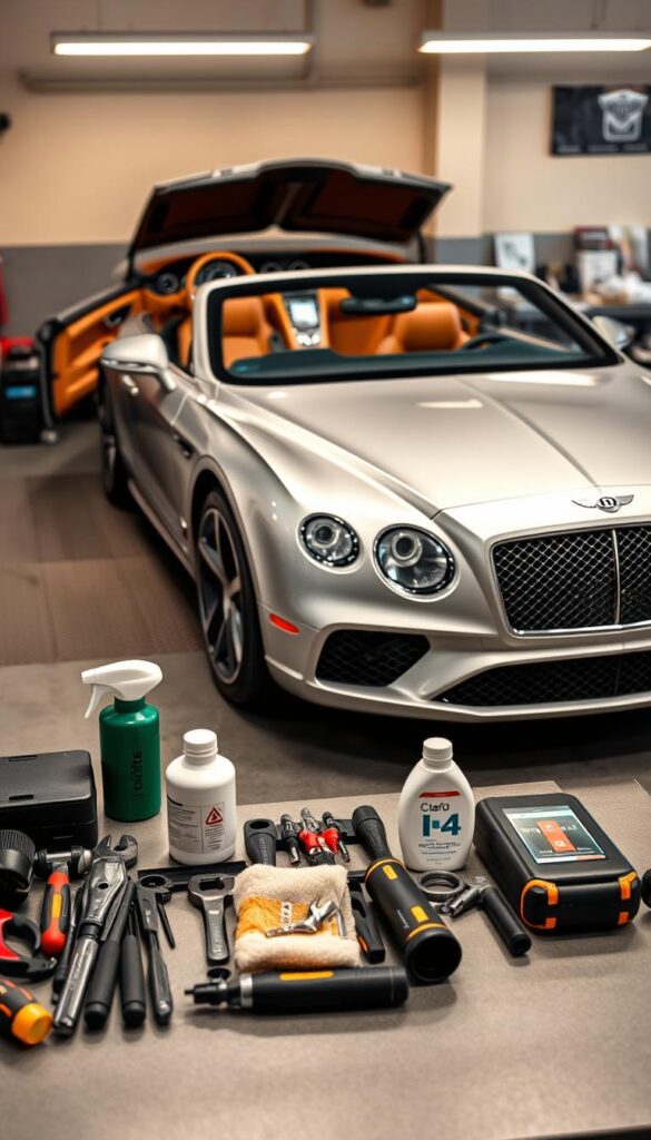 Bentley Continental GT, meticulously maintained in a well-lit, modern garage. The sleek, silver body reflects the warm lighting, highlighting the car's elegant lines. In the foreground, a set of tools and cleaning supplies sits neatly organized, ready for a thorough inspection. The middle ground features the car's interior, the luxurious leather seats and polished wood trim gleaming. In the background, a workbench holds various parts and manuals, hinting at the attention to detail required to keep this IsCarOk Bentley Continental GT running at its best.